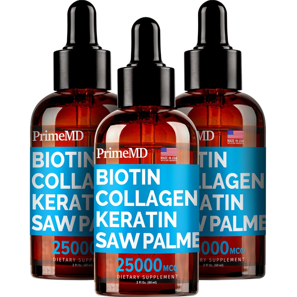 PrimeMD 4-in-1 Liquid Biotin Collagen Keratin Saw Palmetto kvapky (3 balenia) Bundle - 25000mcg vlasové nechty a kožné vitamíny pre ženy a mužov - 2 Fl Oz Každý, Watermelon Flavor, bezlepkové, non-GMO