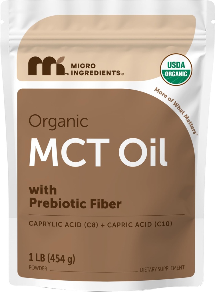 Organický MCT olej prášok s prebiotickým vláknom,1 libra [16 Ounce], Fast Fuel for Body and Brain, C8 MCT Oil for Coffee Creamer, No GMO, Keto Diet, Vegan