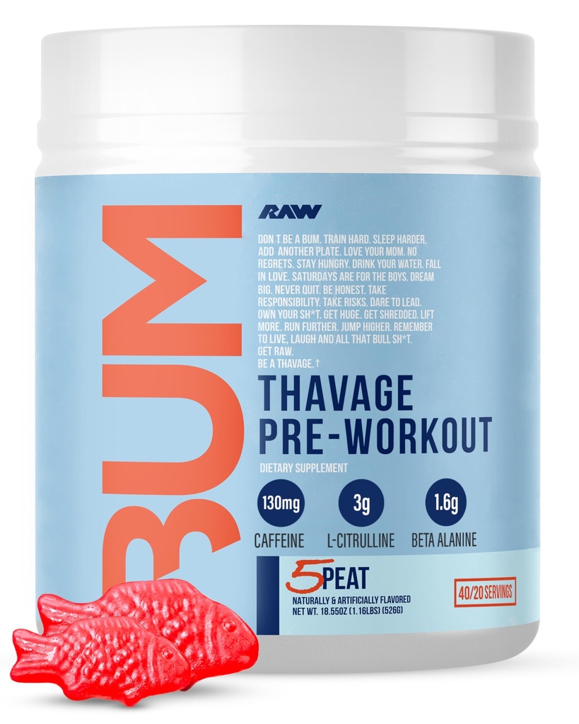 RAW Pre Cvičenie Powder, Thavage (5 Peat, Red Gummy) - Chris Bumstead Sports Nutrition Supplement for Men & Women - Cbum pre cvičenie pre prácu, Hydratácia, Mental Focus & Energy - 40 Servis