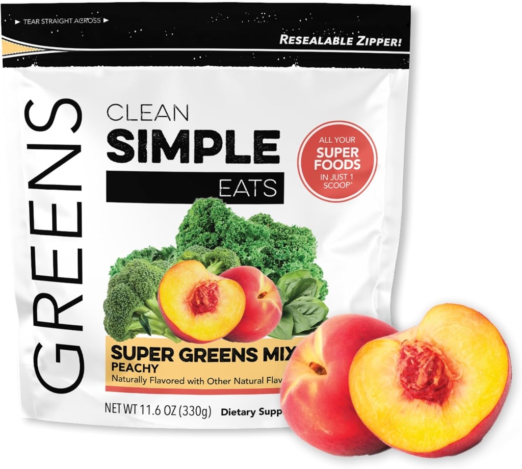 Clean Simple je Super Greens Powder, prirodzene ochutené zelené prášok s chlórella, Spirulina, Superfoods & Prebiotické Fiber, žiadne umelé zložky, bez lepidla, broskyňová zelená chuť, 30 Srvgs
