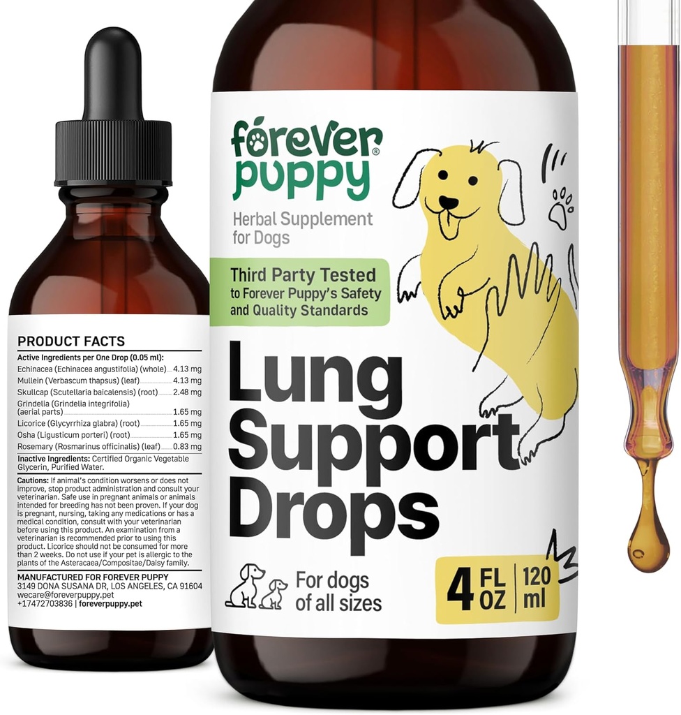 Forever Puppy Lung Support Drops for Psi - Dýchacie zdravotné doplnky - Mullein Leaf & Echinacea Herb pre Pľúca - Tekuté psy Vitamíny a doplnky - Cukor a alkohol bez tinktúry - 4 fl oz