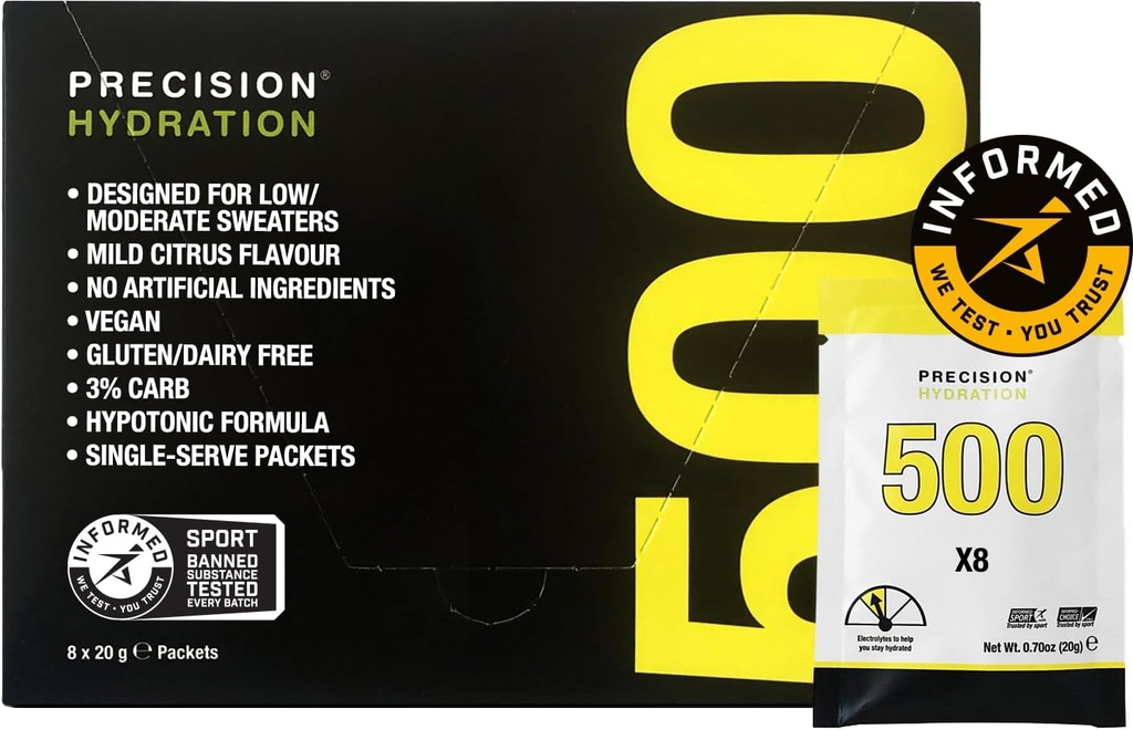 Precision Hydration Electrolyte Drink Mix - All Natural Multi Strength Electrolyte Powders - Individual Waterproof Servings - Gluten/Dairy Free (500mg/L - Yellow Paket, balenie po 8)