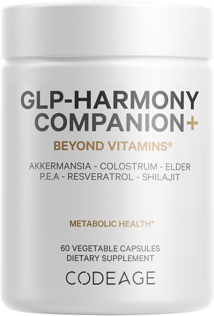 Codeage GLP-Harmony Companion+ Supplement - GLP-1 Agonist Support - Lion's Mane, Pea, Colostrum, Shilajit, Akkermansia, Elder, Citrus Bioflavonoids, Brokolica, Resveratrol - Non-GMO - 60 kapsúl