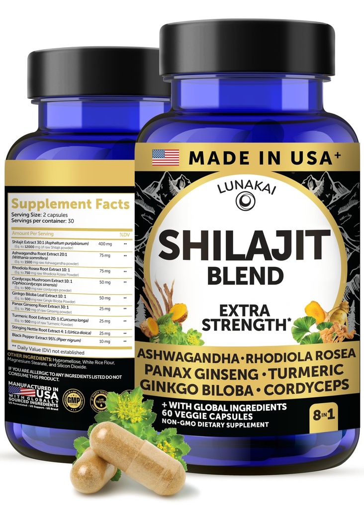 Lunakai USA Vyrobené Pure Shilajit Kapsule s Ashwagandha, Rhodiola a Cordyceps - Extra sila Shilajit extrakt pre mužov a ženy, 60ct