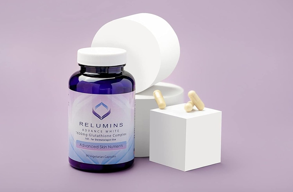 Balenie 2 Relumins Advance White 1650mg Glutatión Complex - 15x Dermatologic Formula s Advanced Skin Nutrients- 2 fľaše, 90 Kapsule Každý, 180 Celkom Kapsule