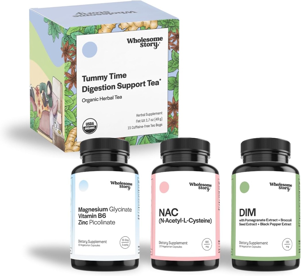 Wholesome Story Immune Support Bundle: NAC Supplement N-Acetyl Cysteine 600 mg | 3-in-1 Zinc Magnesium Supplements with Vitamin B6 | DIM Supplement for Women and Men | Morning Sickness Tea Relief