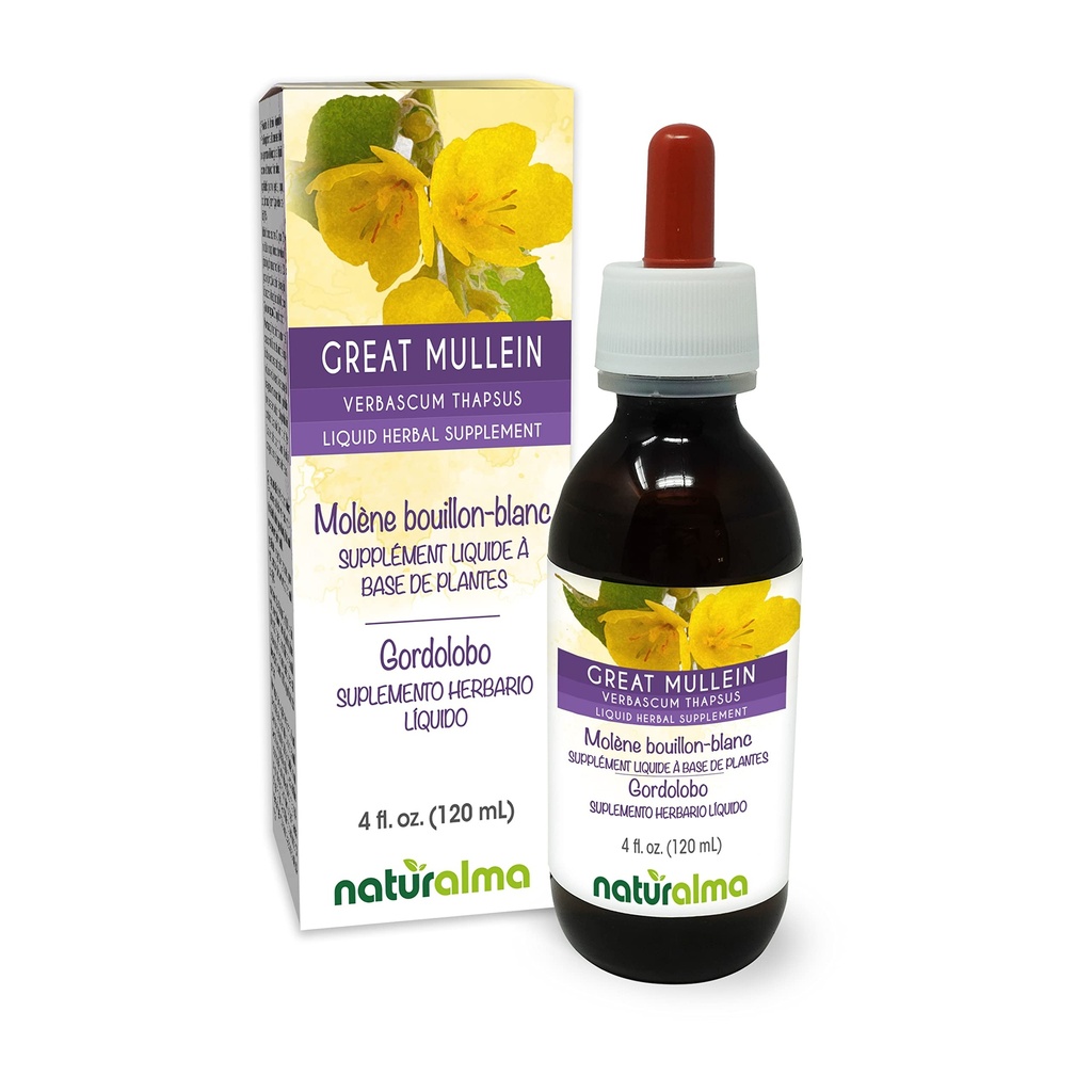 Naturalma Great Mullein alebo Common Mullein (Verbascum thapsus) Kvetina a Leaf Alkohol-Free Tinture - 4 fl oz Tekutý extrakt v kvapkách - Bylinné doplnok - Vegan
