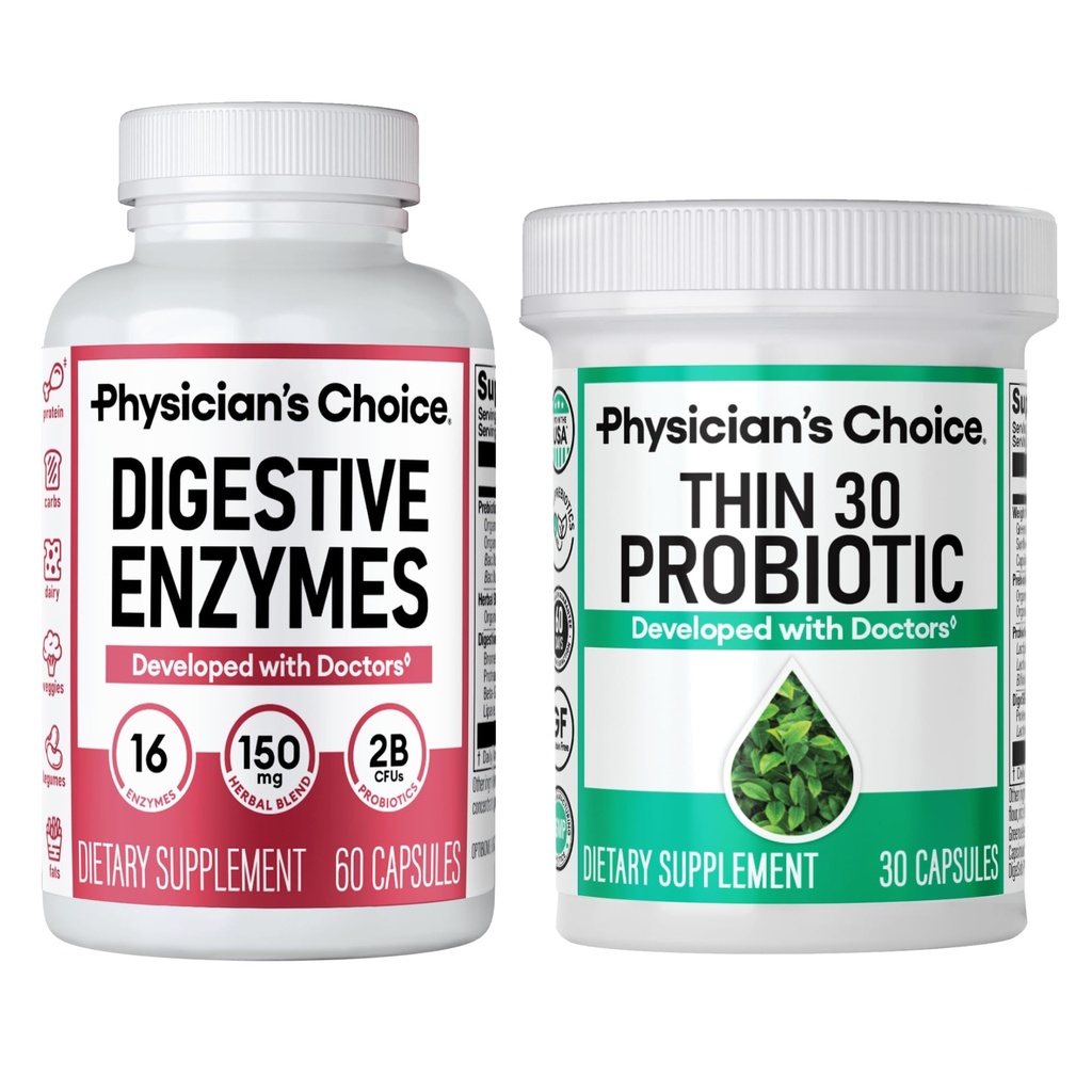 CHOICE lekára - Beat Bloat + Podpora Manažment hmotnosti Bundle: Tráviace enzýmy + Tenké-30 Probiotické