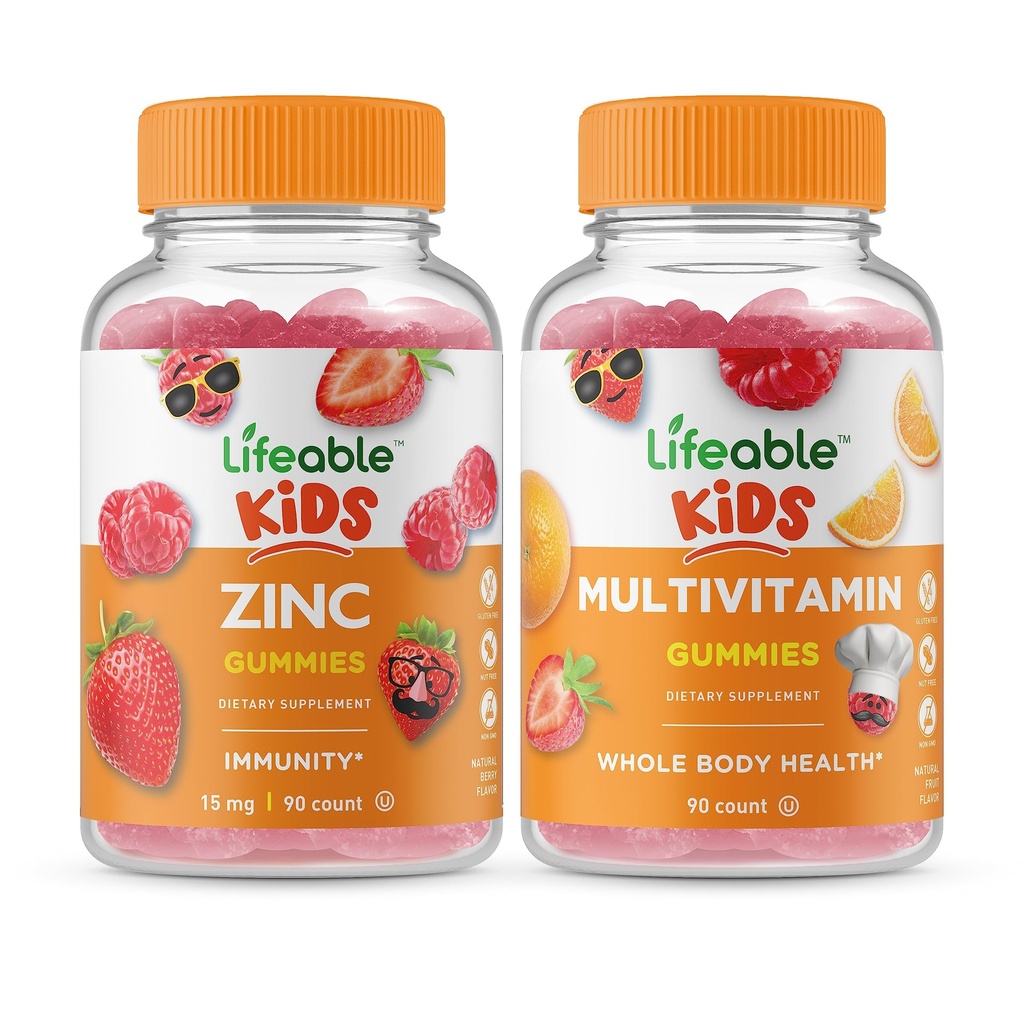 Životaschopné zinkové deti + Multivitamínové deti, Gummy Bundle - skvelá ochutnávka, vitamínové doplnky, bez lepku, bez GMO, žuvacia Gummy