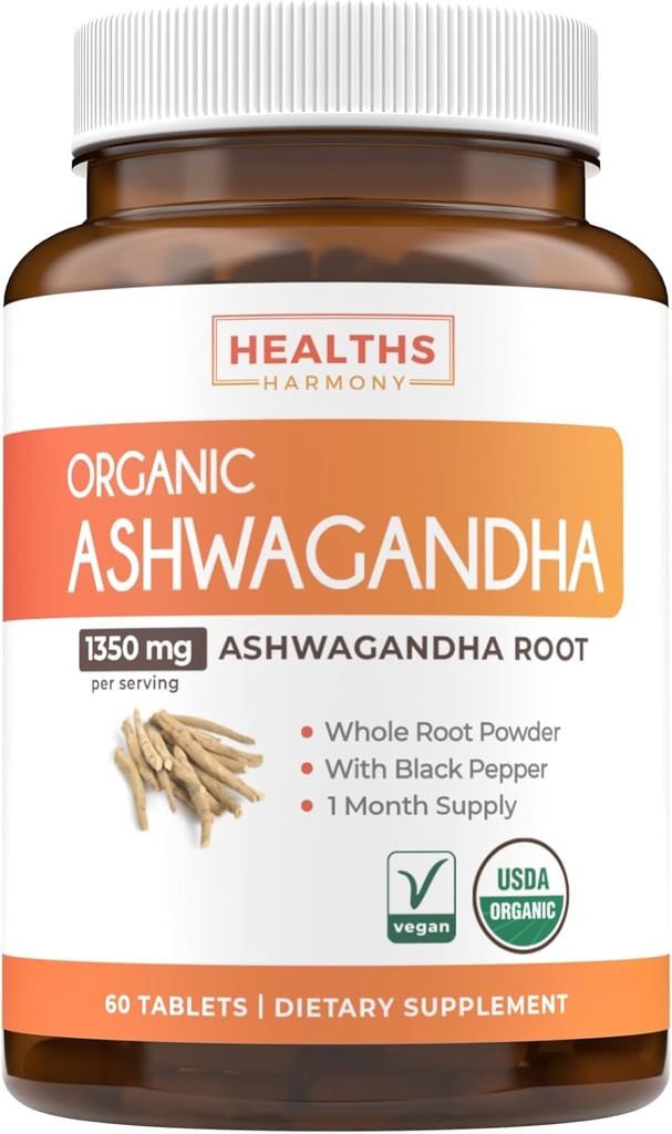 USDA Organic Ashwagandha Supplement - High Potency Ashwagandha pilulky vyrobené s organickým čierne korenie pre zvýšenú absorpciu - Vegan Non-GMO Made in the USA & Lab Overené (1 mesiace dodávky)