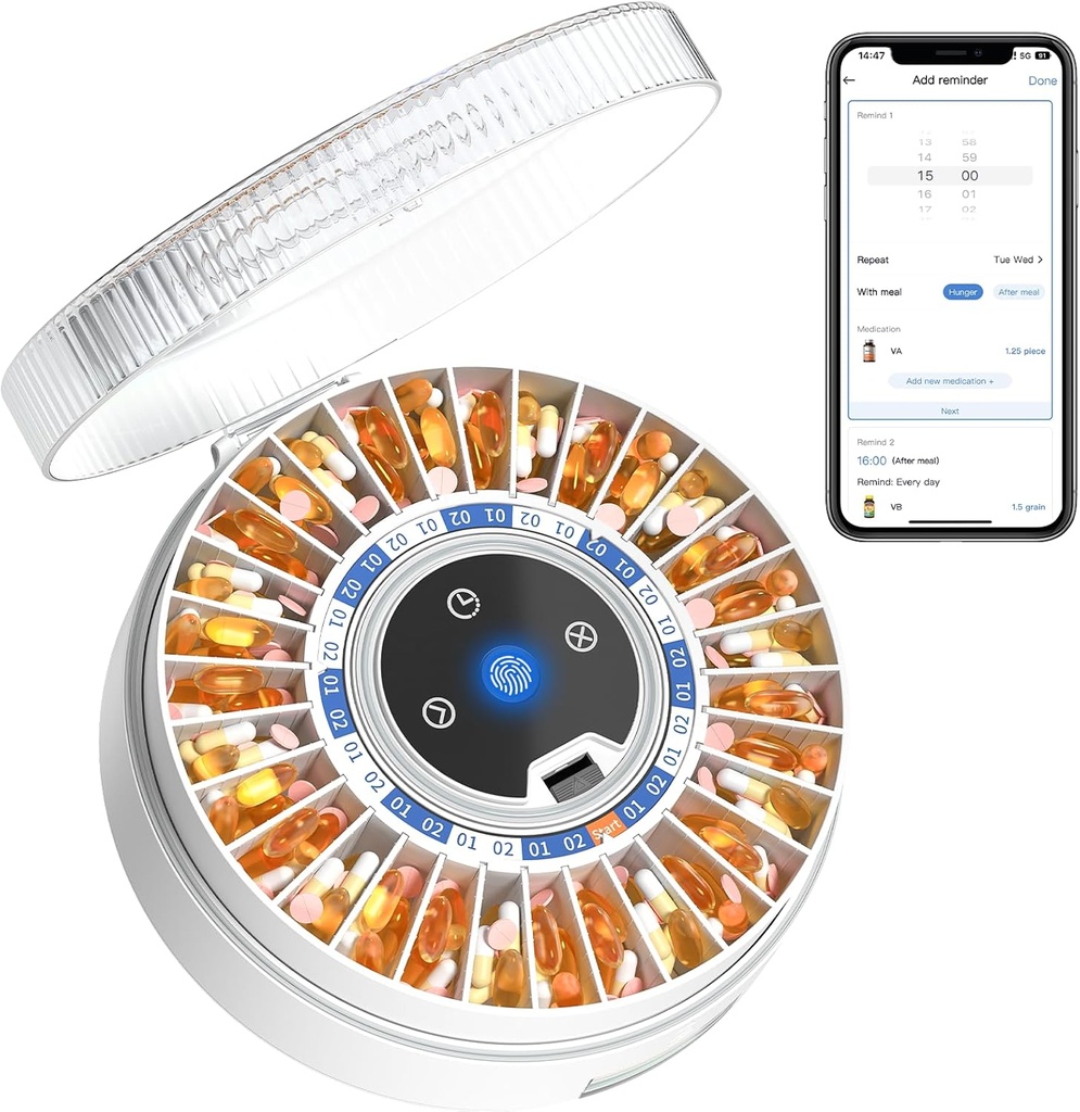 Zoksi Premium 31-Slot Automatic Pill Dispenser s fingerprint & Key Lock, Smart Medikation Organizátor s alarmom & Light, Electronic Pill Organizátor pre staršie osoby a zábudlivosti