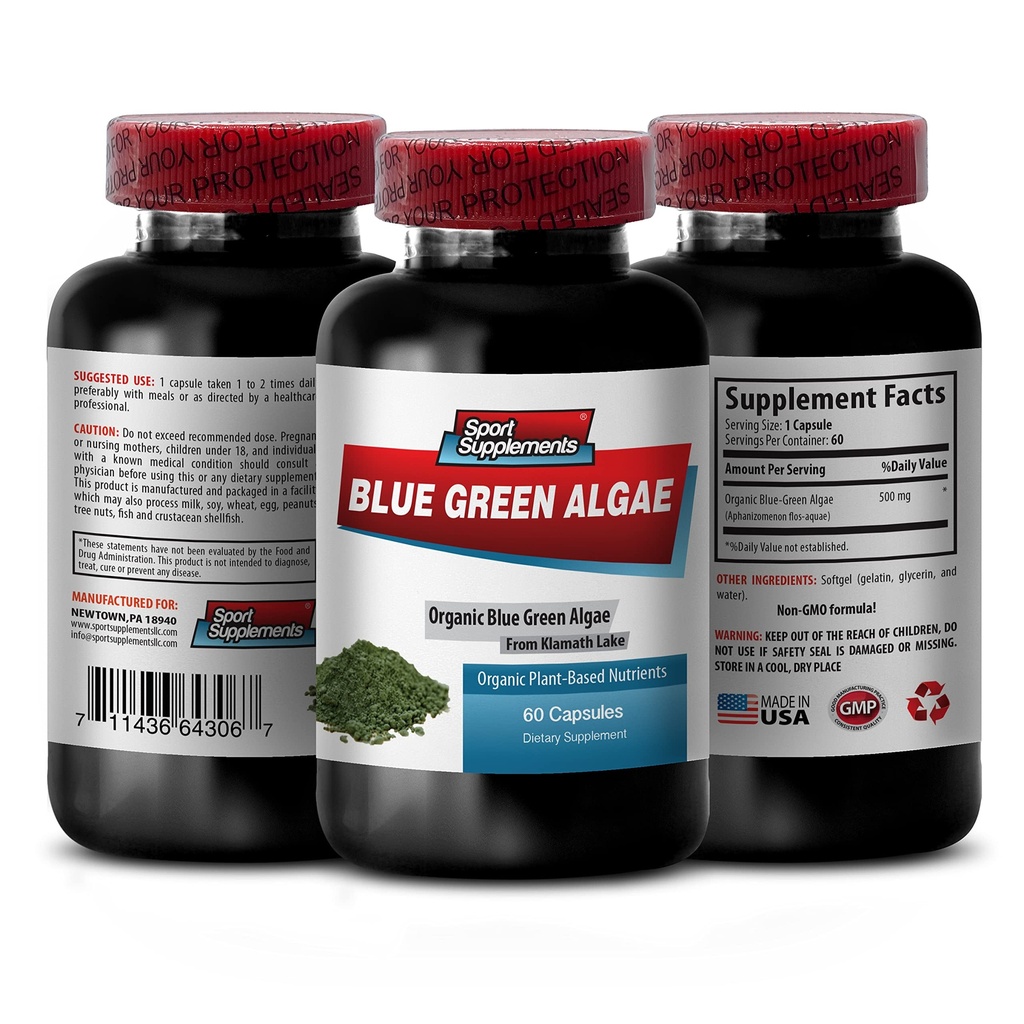 Čistá bylinné doplnky - Klamath Blue Zelená Algae 500mg - Zvýšenie energetickej hladiny, zlepšenie trávenia a zlepšenie imunitného systému, spirulina, chlorella, Klamath Blue Zelená Algae prášok - 1B 60 Kapsule