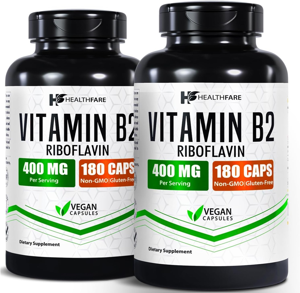 Healthfare Vitamin B2 Riboflavin 400 mg | Pack of 2 | 180 Veg Capsules Each | Supplement | Gluten-Free | Non-GMO