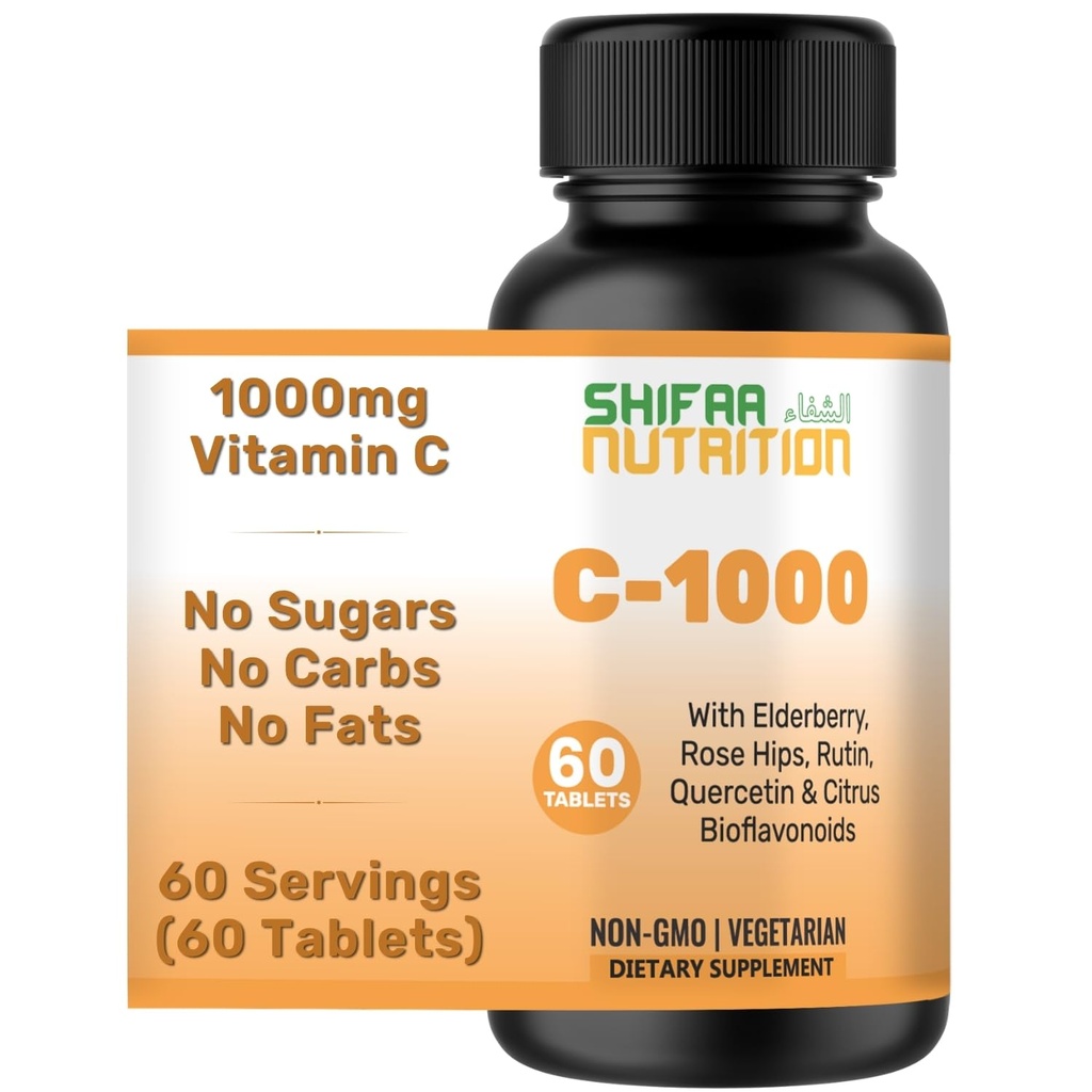 SIFAA NUTRITION Halal Vitamín C- 1000 mg tablety, 60 dní dodávky. Imunitná podpora s vitamínom C, bazy čiernej, Quercetin, Rose HIPS a Rutin. Vegetariánska, mimo GMO, bez cukru a Keto priateľsky