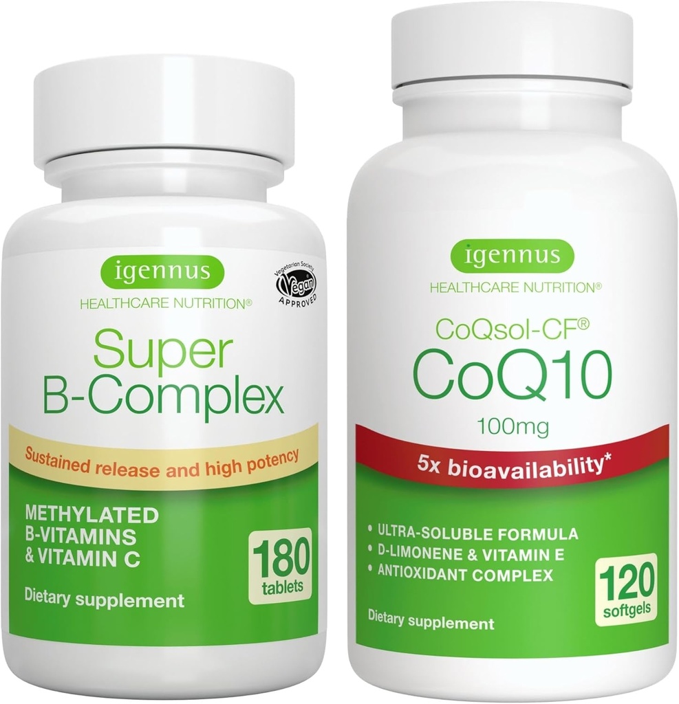 Super B- Complex 180 tabliet + vysoká absorpcia CoQ10 100mg 120 Softgels Energy Bundle, Metylated Trvalé uvoľnenie B komplex + CoQ10 s vitamínom E & D-Limonene, podľa Igennus