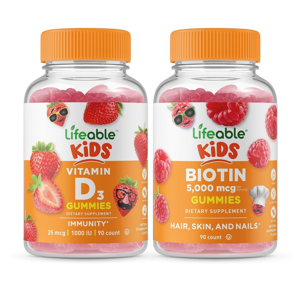 Životaschopné vitamín D deti + biotín deti, Gummy Bundle - veľké ochutnávky, vitamínové doplnky, bez lepku, bez GMO, žuvacia Gummy