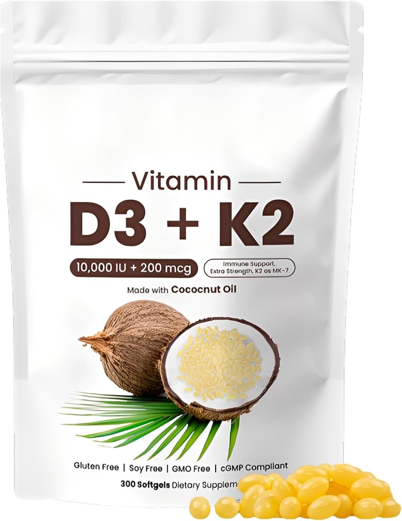 Naturespeak Vitamín D3 K2 10000 IU, 2-in-1 Coconut Oil Softgels s 10000 IU VIT D3 + 200 MCG Vitamín K2 pre kosti, Immune & Heart Support