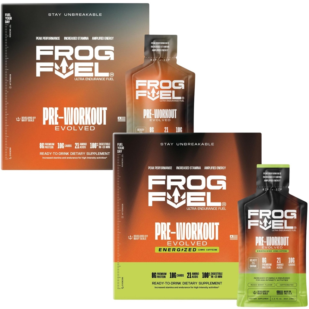 Frog Fuel Ultra & Ultra Energized Pre Cvičenie Shot Bundle s 1500mg Beta Alanyne, Electrolytes 8g Protein Nano-Hydrolyzed Grass Fed Collagen, 10g Carbs, Berry, 1.2 oz Pakets, 48 Balenie