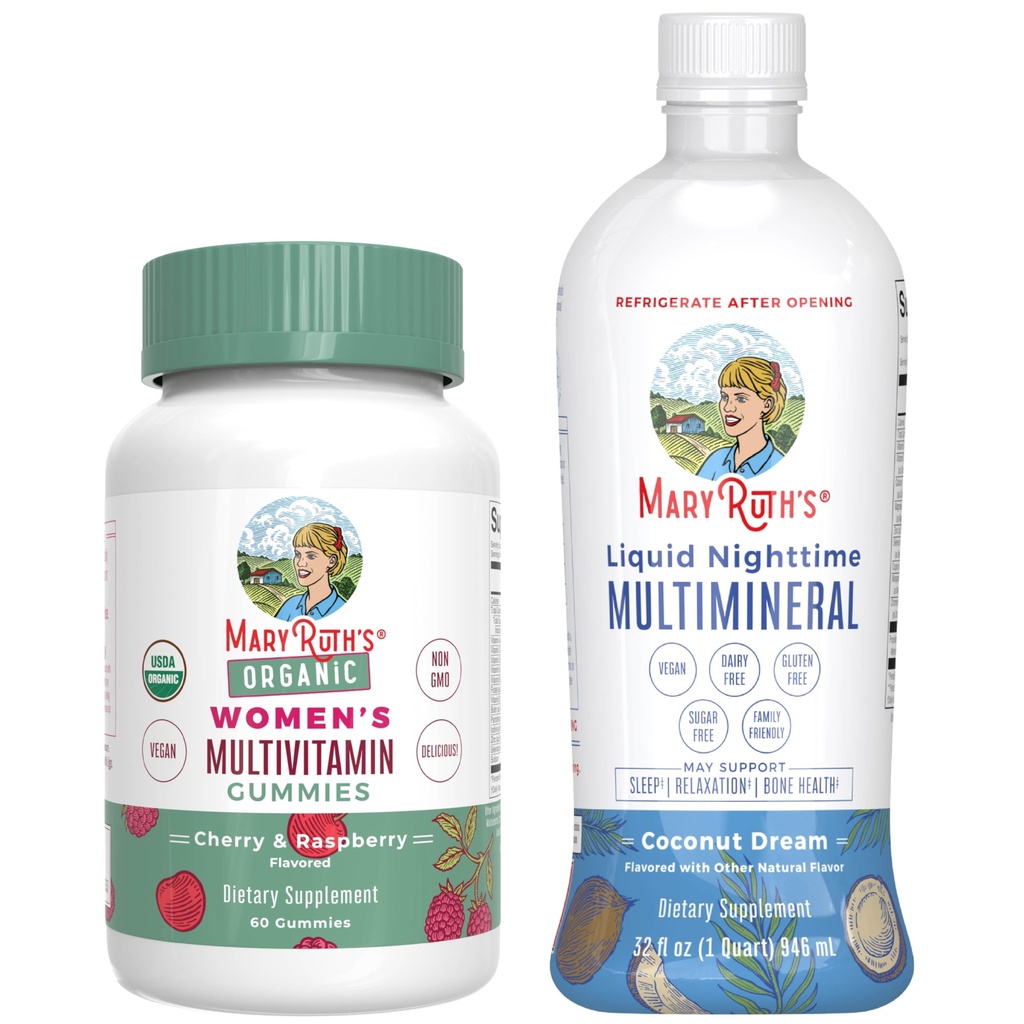 MaryRuth's Multivitamínové Gumies for Women (Cherry & Malina) & Liquid Nighttime Multimineral Coconut (32oz) 