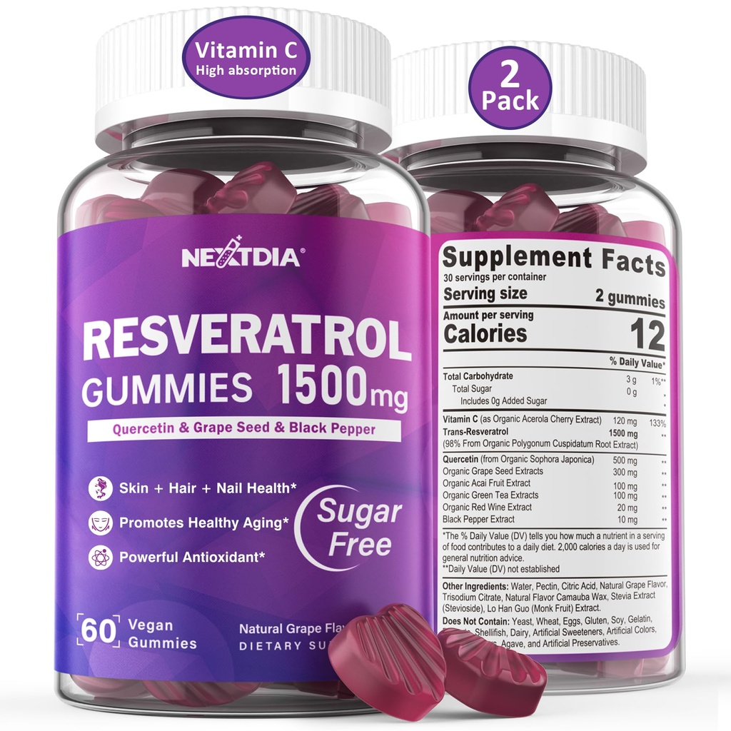 Resveratrol Supplement 1500mg - Resveratrol Gummies Supports NAD+, NMN & NMNH Synergy, with Quercetin, Grape Seed, Acai Berries Extracts for Antioxidant, Healthy Aging & longevity, Skin, Brain - 2Pcs