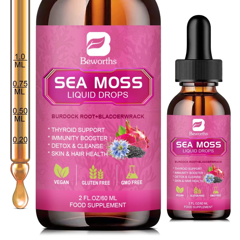 Sea Moss Liquid Drops - Organic Black Seed Oil Irish Sea Moss Gel s Burdock Root, Bladderwrack, Elderberry, Vitamín C, D3, 6X Silnejší Seamos Gel pre trávenie, zdravie vlasov - Vegan