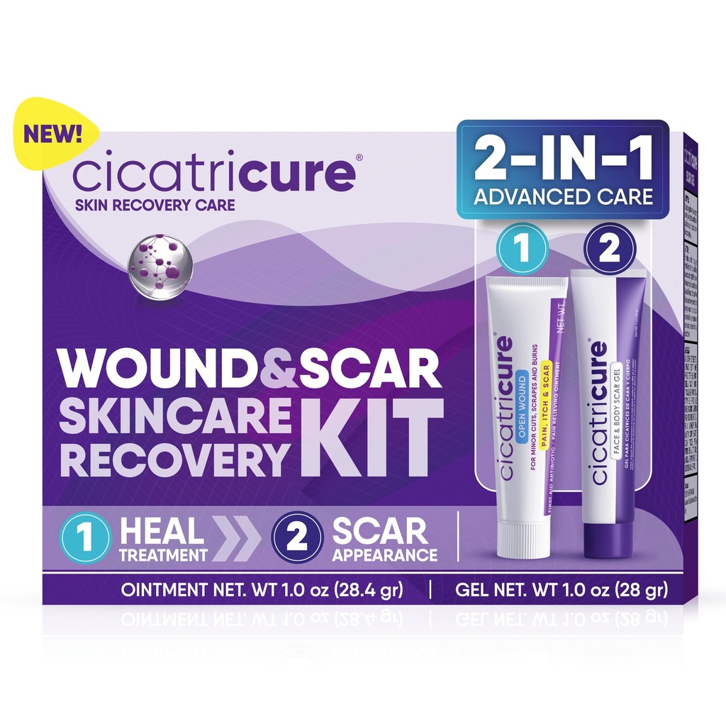 Cicatricure Skin Recovery Kit: Advanced Scar Gel & Open Wound Care Antibiotic Ointment, Znižuje natiahnutie značky, Chirurgické a akné jazvy, Liečebné rezy a popáleniny, 1 oz Každý - pre dospelých a deti