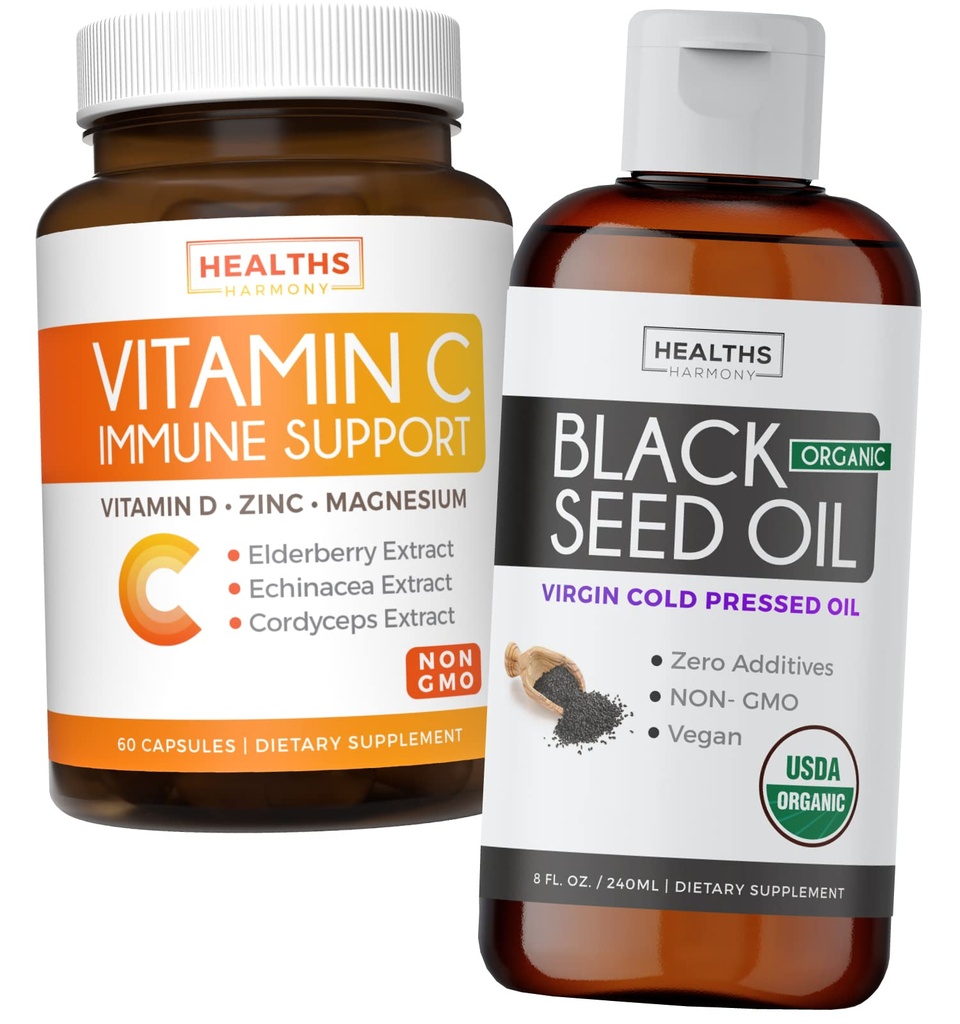 Bundle Black Seed Oil Tekutý a vitamín C - Immune Fusion Booster Balenie - Organické Black Seed Oil Tekutý (8fl oz) Premium Cold-Pressed Nigella Sativa & Vitamín C Immune Support (Non-GMO)(60 Kapsule)