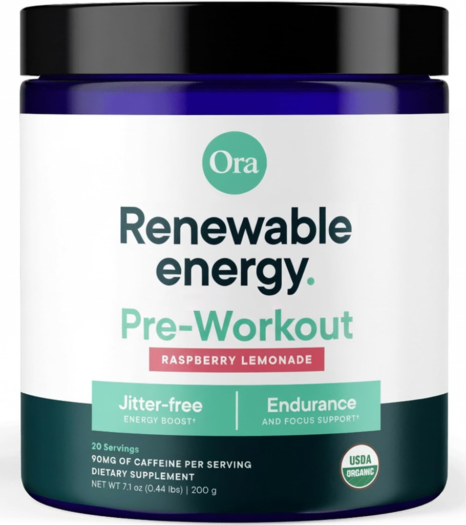 Ora Organic Natural Pre Cvičenie prášok - Malinová citrónová príchuť- poskytuje Jitter Free Energy, Focus, Hydratácia, & Endurance - Vegan, Certified Organic, Soy, Dairy, & Gluten Free, 20 Servings