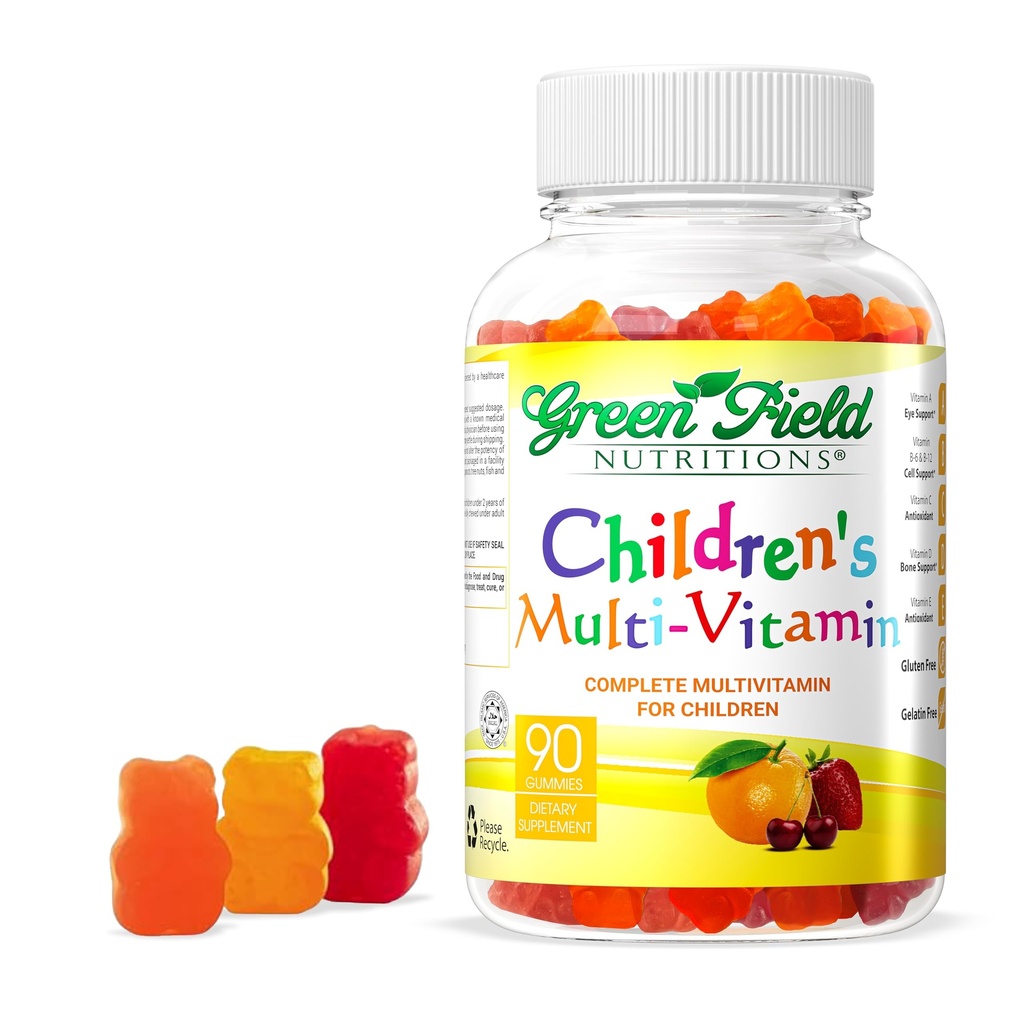 Greenfield Nutrition Kids Želatína zdarma Halal Multivitamínové Gummy - Všetky esenciálne Halal Vitamíny A, Bs, C, D, Jód, Zinok pre imunitu, Non-GMO, Detské Halal vitamínové Gummy (90 Počet)