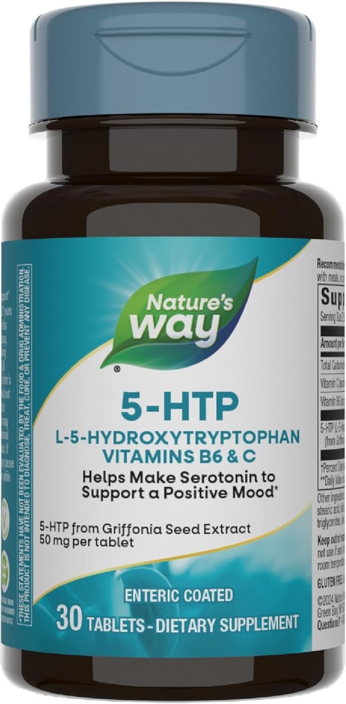 Spôsob prírody 5-HTP, L-5-Hydroxytryptofán, pomáha vytvoriť serotonín na podporu pozitívneho výhľadu*, vitamín B6, vitamín C, Griffonia Bean extrakt, 30 tabliet (Backaging May Vary)