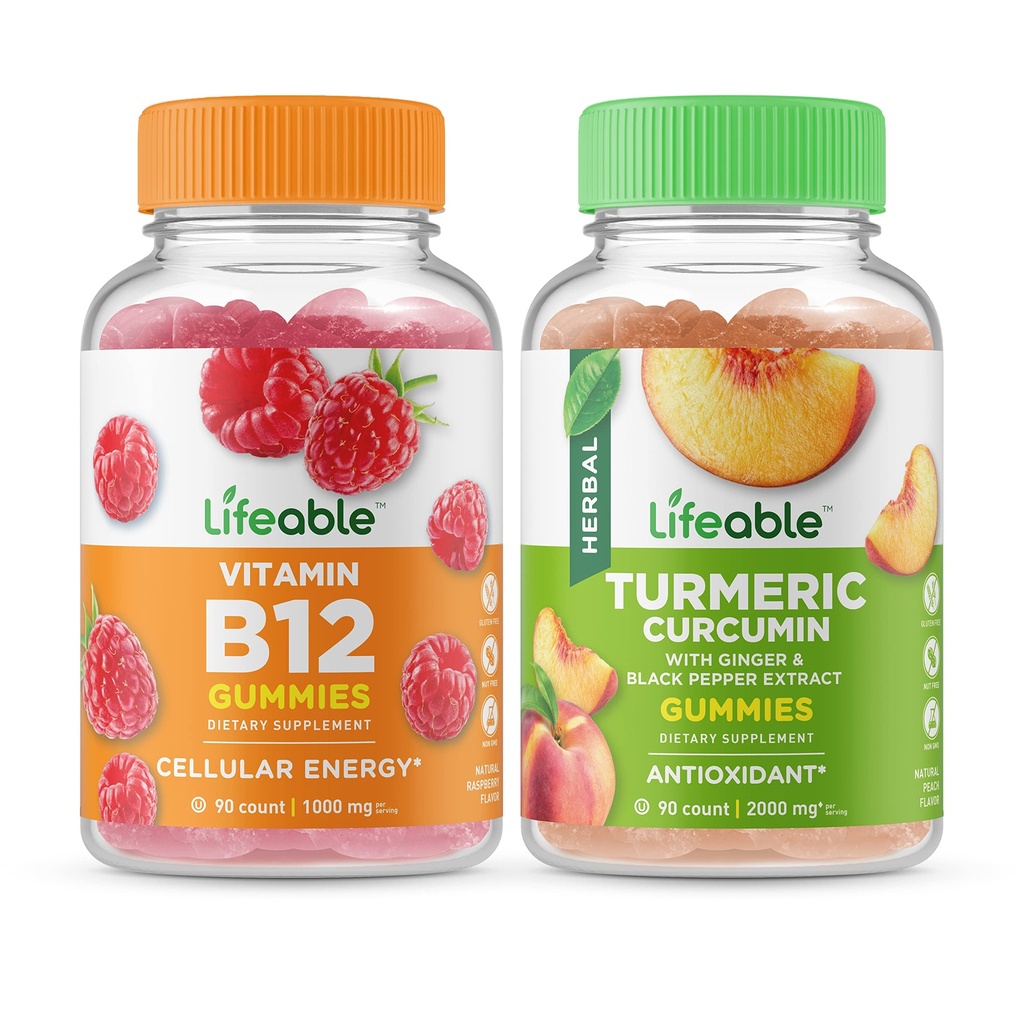 Životaschopný vitamín B12 + kurkumín, Gummies Bundle - veľké ochutnávky, vitamínové doplnky, bez lepku, bez GMO, bez žuvania