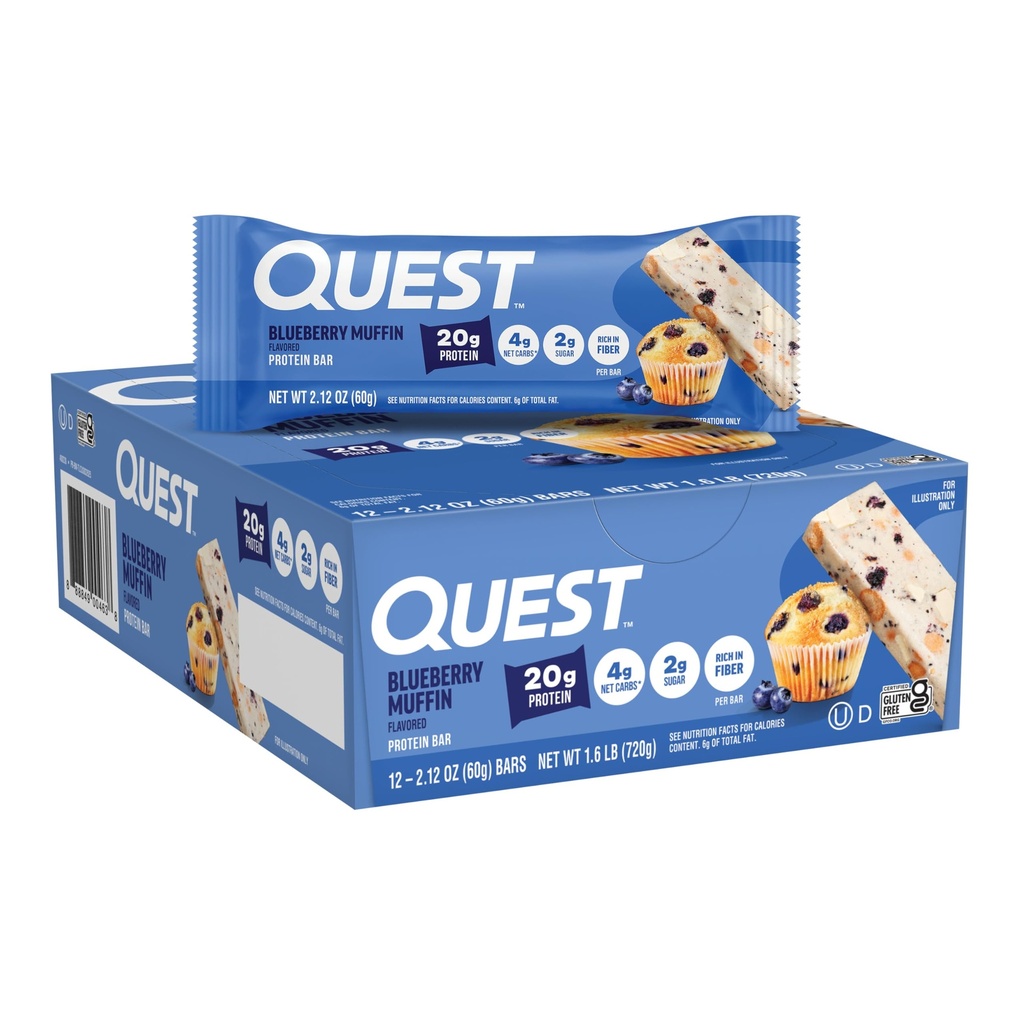 Quest Nutrition Blueberry Muffin Protein Bars, 20g Protein, 2g Sugar, 5g Net Carb, Gluten Free, Keto Friendly, 12