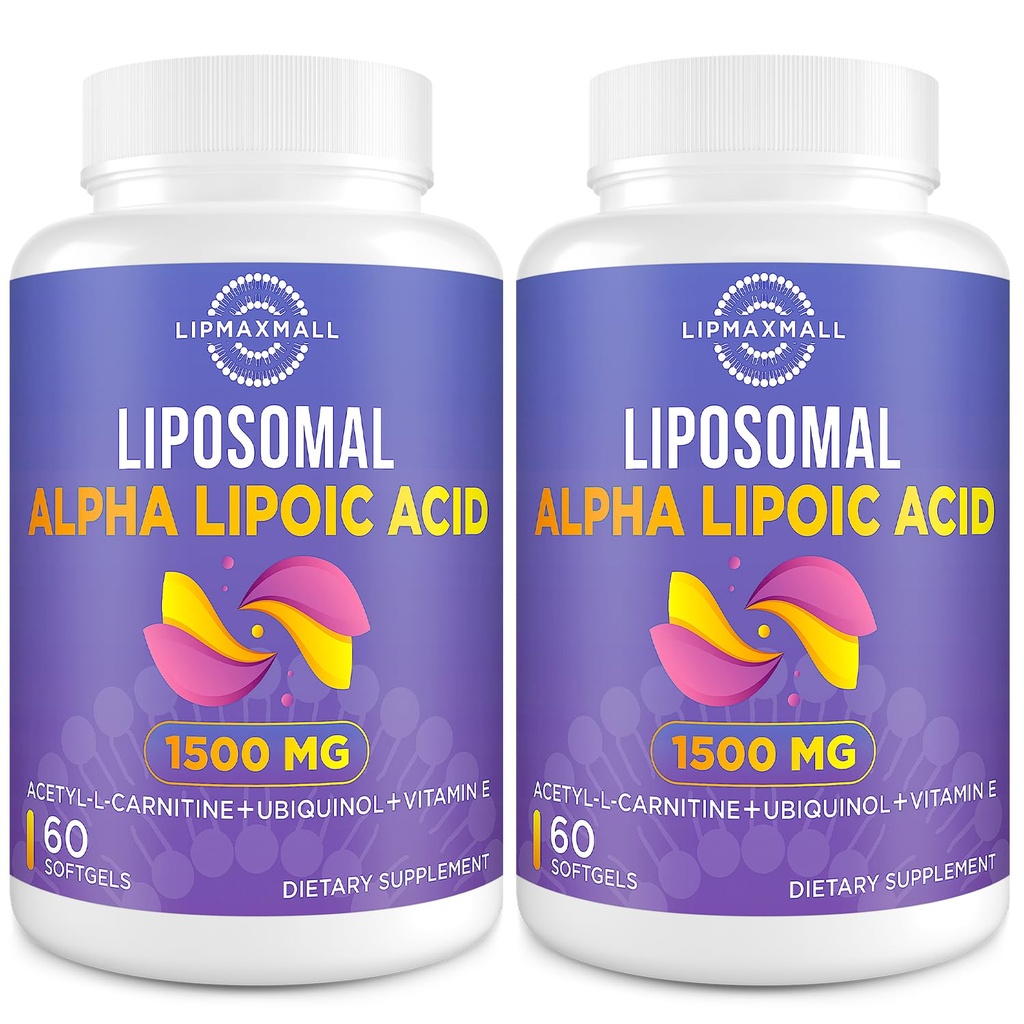 Lipozomálna Alpha Kyselina lipoová 1500 mg - s Acetyl-L-karnitín 900 mg & Ubichinol 100 mg & Vitamín E 15 mg, ALA doplnok pre antioxidanty Glukóza Metabolizmus Nervová energia, 60 Softgels (2 fľaše)