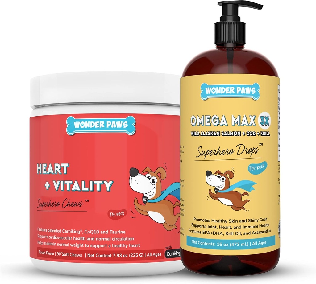 WONDER PAWS srdce + Vitalita Superhrdina Chews Plus Omega Max Rybí olej - pre psy zdravie srdca, kože a spoločnej starostlivosti a imunitnej podpory - srdce + Vitalita 90 Chews - Omega Max 16 Ounces