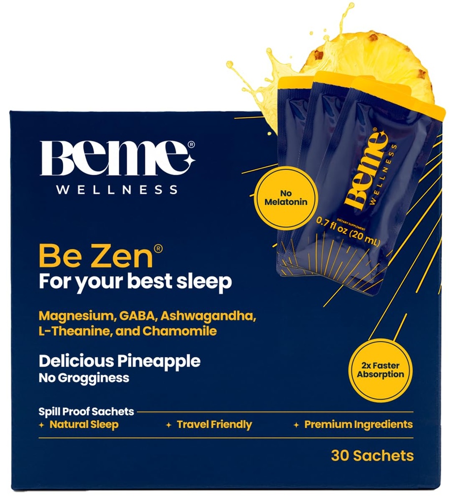 BeMe BeZen Sleep Aid Supplement Natural Without Melatonin - 2X Absorpcia ako tabletky - Sleep aids pre dospelých s horčíkom, Ashwagandha, harmanček, L-Theanine & GABA - Delicious Ananás