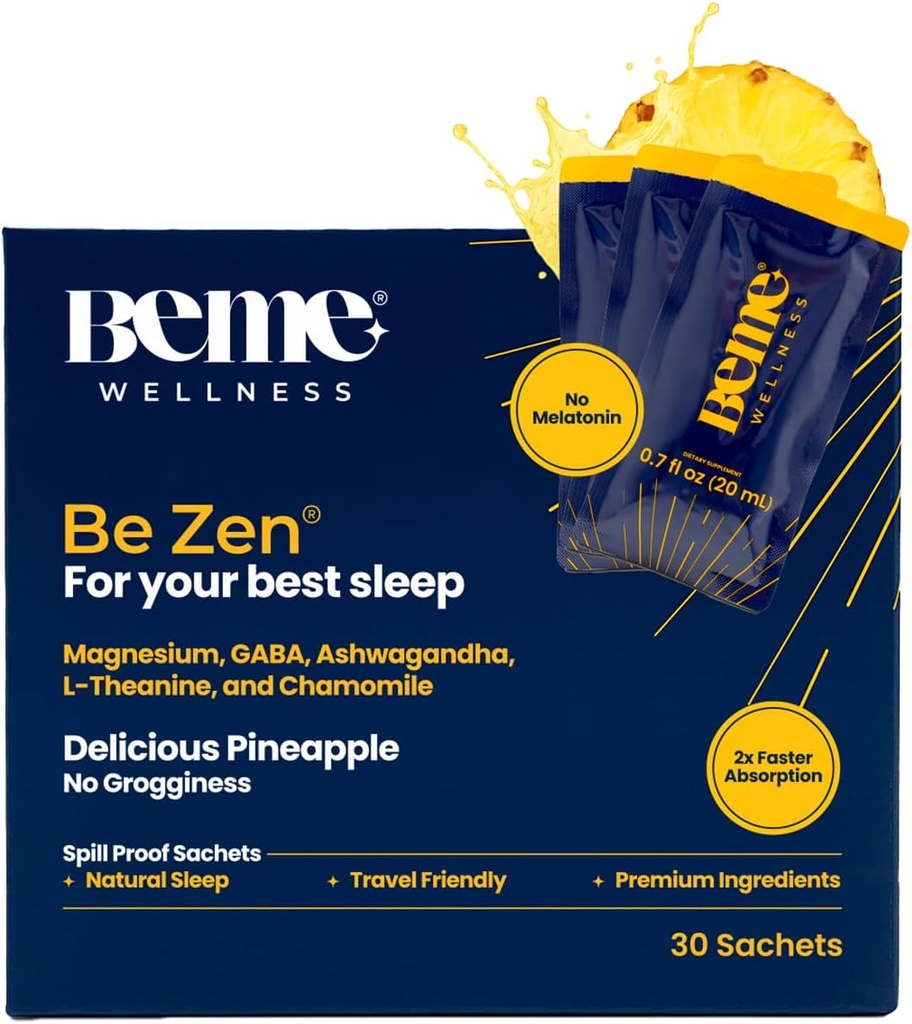 BeMe BeZen Sleep Aid Supplement Natural Without Melatonin - 2X Absorpcia ako tabletky - Sleep aids pre dospelých s horčíkom, Ashwagandha, harmanček, L-Theanine & GABA - Delicious Ananás