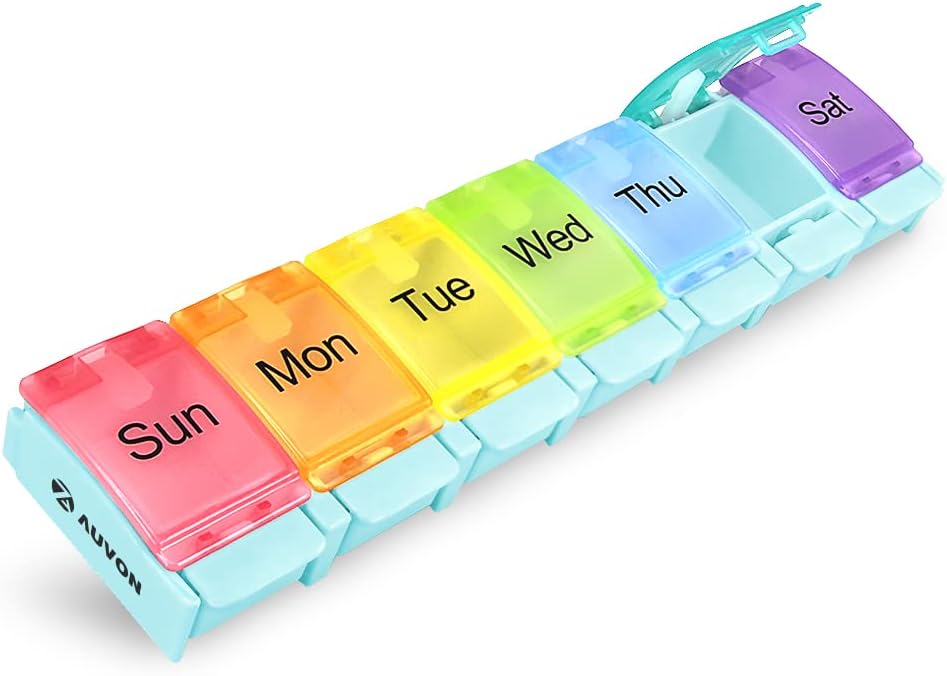 AUVON Weekly Pill Organizer Arthritis Friendly, BPA Free Travel 7 Day Pill Box Case with Spring Open Design and Large Compartment to Hold Vitamins, Cod Liver Oil, Supplements and Medication