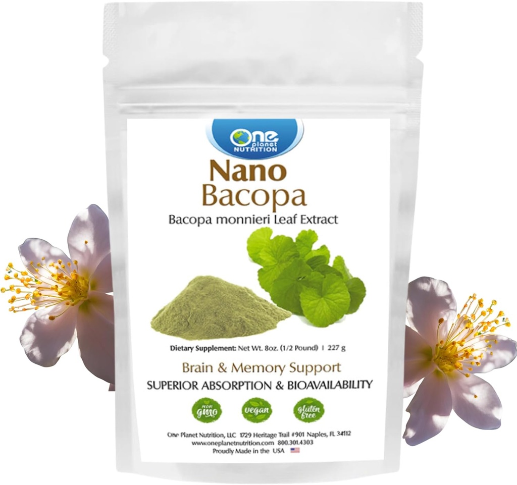 One Planet Nutrition Nano Bacopa Powder 8 oz (227 Servings), Bacopa monnieri Extract, Nano pre ľahkú absorpciu, zvyšuje pamäť a zameranie, Pomocná látka-free, non-GMO, Vegan, Gluten-free