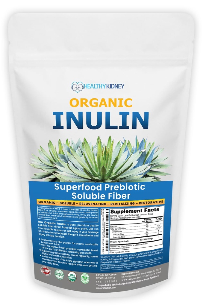 Organické inulín prášok (48oz/3 lbs) Jemné Agave Prebiotické Rozpustné Fiber Supplement for Digestive Support, Gut Health, Vegan Pečenie, Smoothies & Drinks