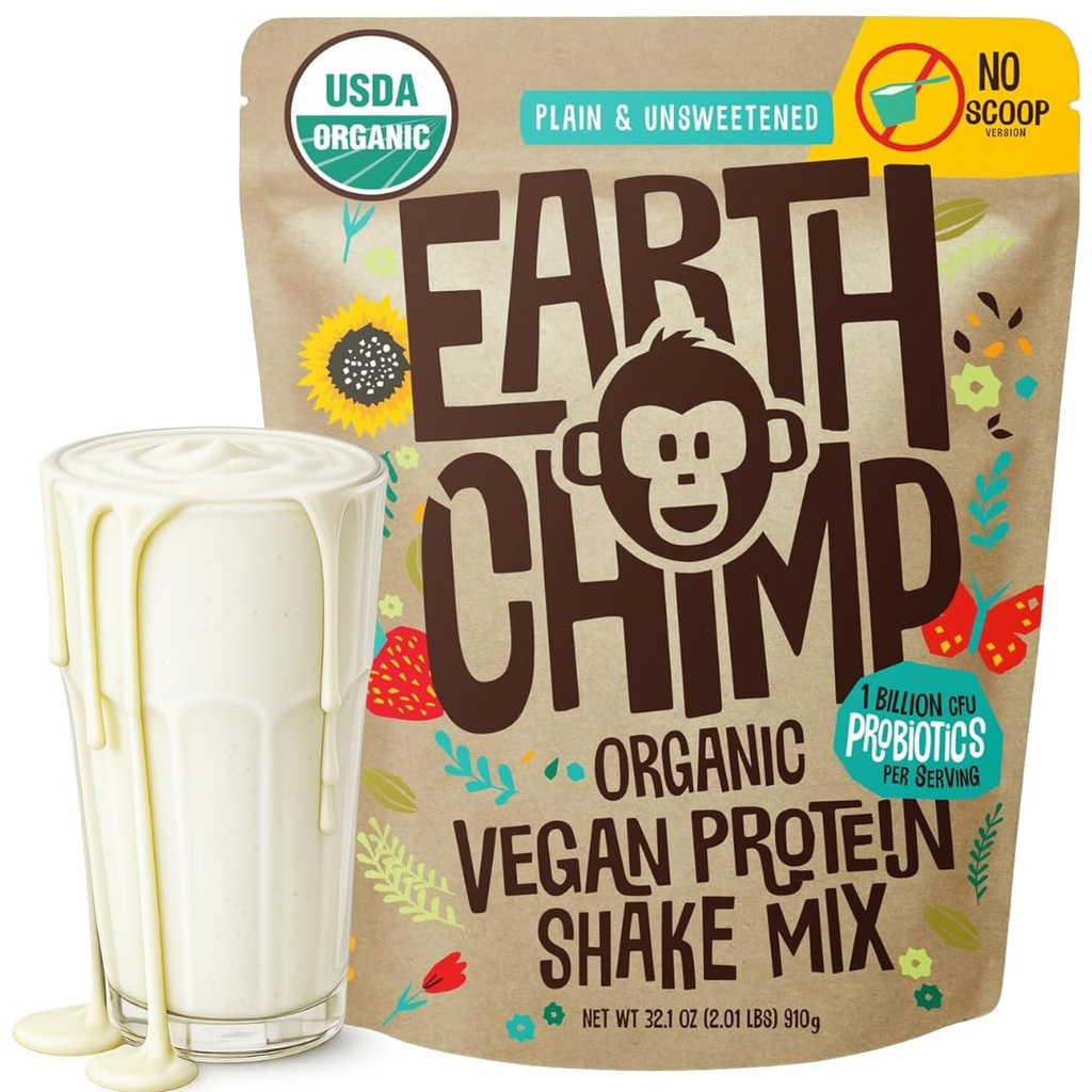 EarthChimp Organic Vegan Protein Powder - s probiotikami - Non GMO, Dairy Free, Non Swhey, Plant Based Protein Powder for Women and Men, Gluten Free - 26 Servings 32 Oz (Plain & Unseled) No Scoop