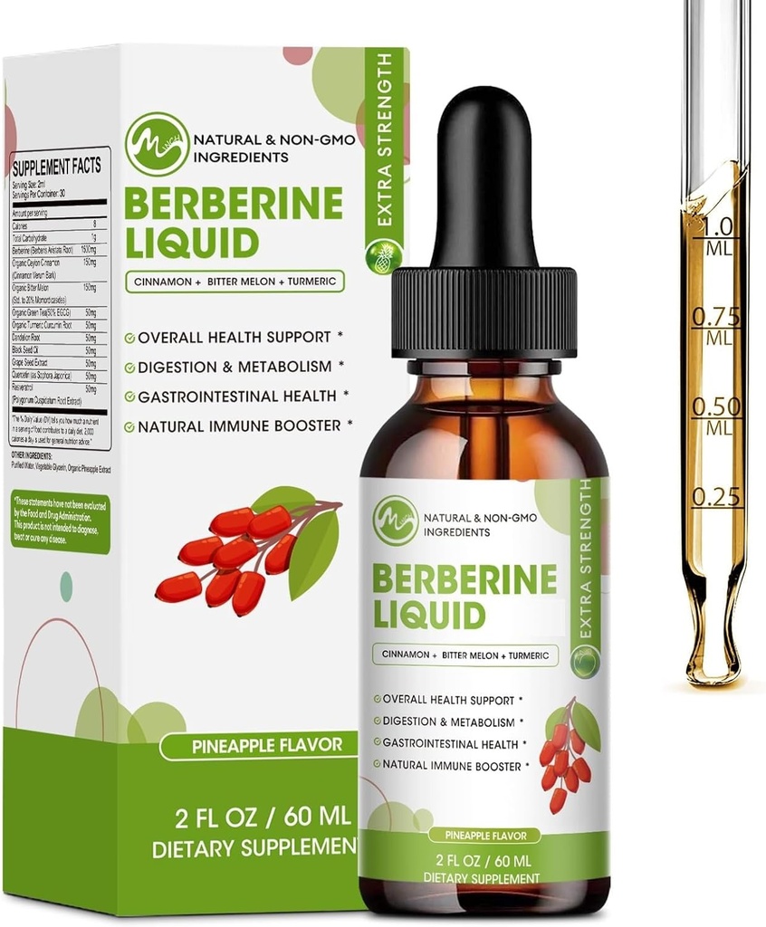 Berberine Supplement Liquid Drops, Berberine with Ceylon Cinnamon, Turmeric, Resveratrol, Bitter Melon, & More-Extra Strength Vegan Supplement, Supports Immune System & Digestive System