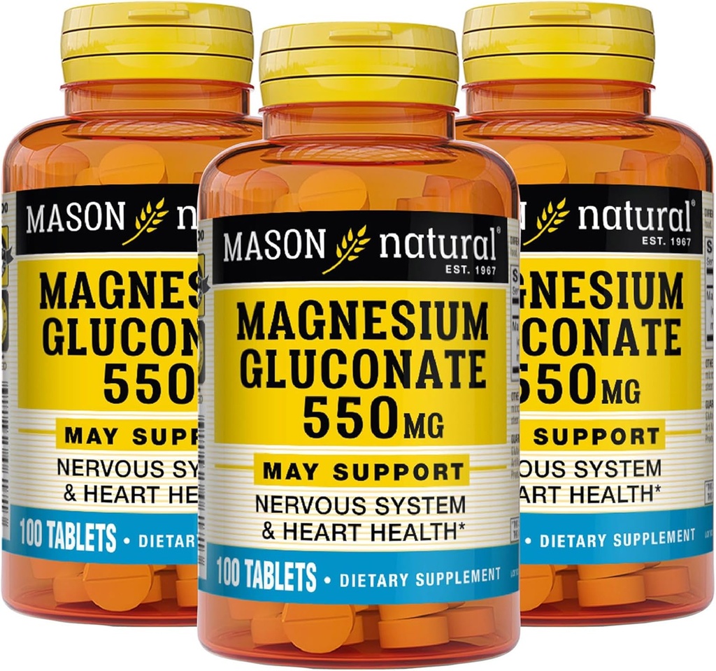 Mason Natural Magnézium Glukonát 550 mg, 300 Day Supply for Normal Healthy Heart and Nervisive System Support, 100 tabliet (Pack of 3)