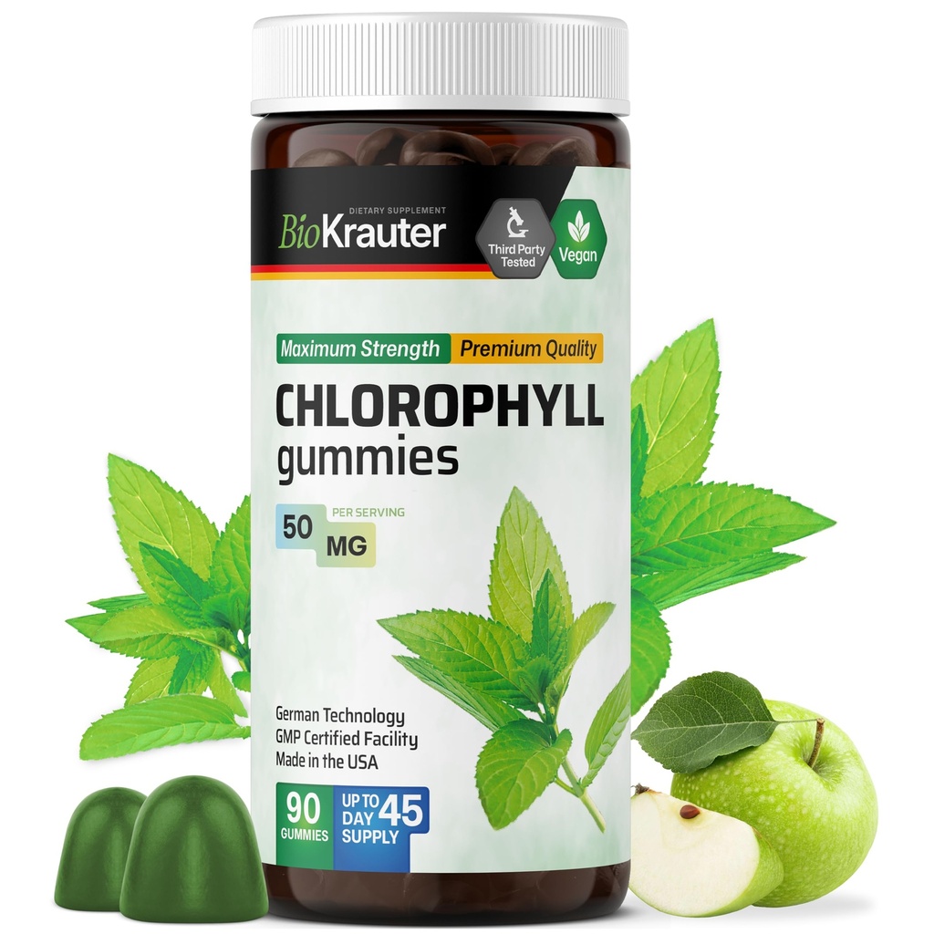 BIO KRAUTER Chlorofyl Gummies - 90 Žuvačky - Chlorofylové doplnky - Prírodná podpora kože a detoxikácie - Vegan, pektínové, neGMO žuvačky