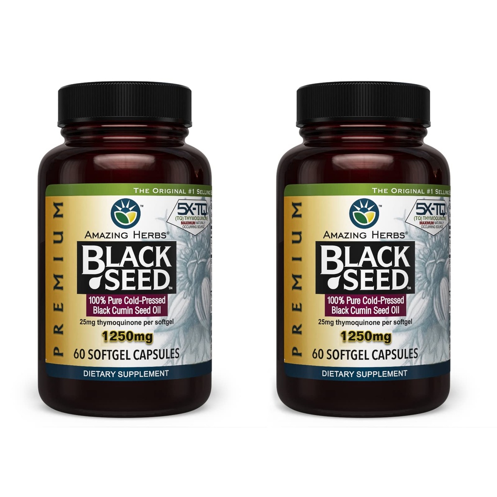 Amazing Herbs Premium Black Seed Oil Capsules - High Potency, Cold Pressed Nigella Sativa Aids in Digestive Health, Immune Support & Brain Function - 60 Gróf, 1250mg (Stock of 2)