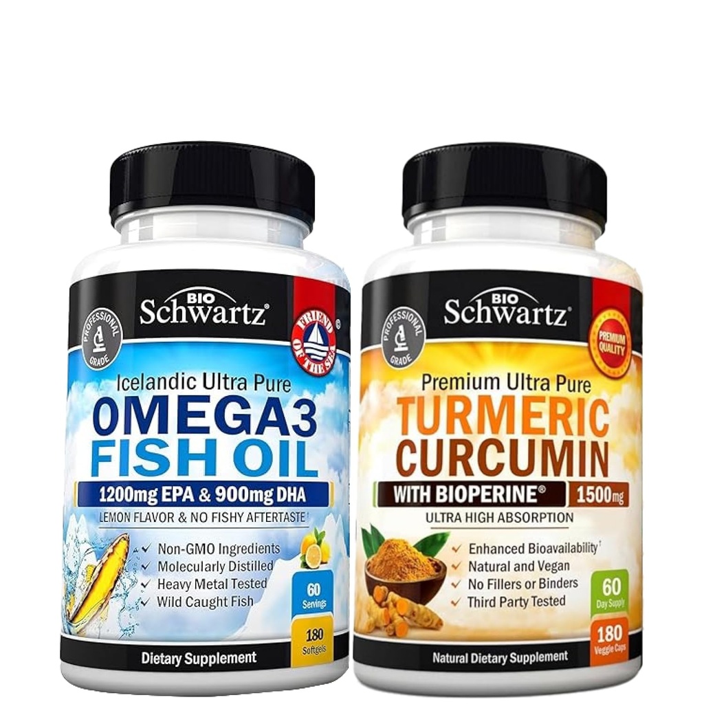 Triple Strength Omega 3 Fish Oil Softgels (2 Month Supply) Plus Turmeric Curcumin with Black Pepper Extract 1500mg Complex (2 Month Supply)