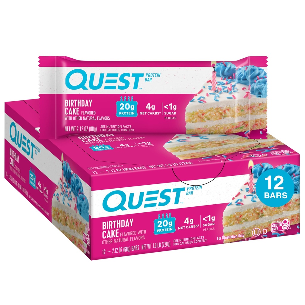 Quest Nutrition Tortu Narodeniny Proteínové tyčinky, 20g Bielkoviny, 1g Cukor, 4g Net Carbs, Gluten Free, Keto Friendly, 12 Počet