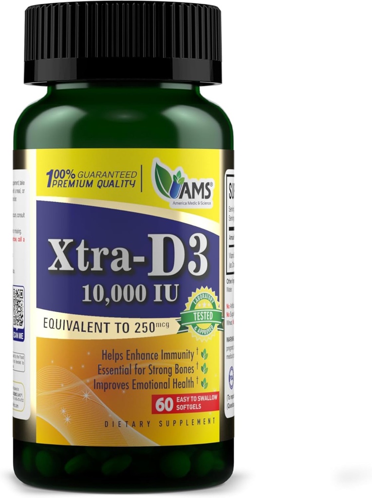 Amerika Medic & Science Xtra D3 vitamín D 10 000 IU (250 μg) cholekalciferol doplnok pre mužov a ženy (60 ľahko prehltnúť softgely) Najlepšie pre kosti, zdravie srdca, imunitný systém podpora, pľúcna funkcia
