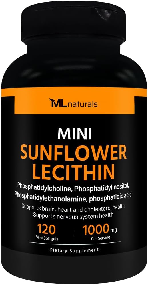 ML Naturals Mini slnečnica Lecithin 1000 mg 120 Softgels, ľahko prehltnúť, podporuje zdravie mozgu. NeGMO, NSF-Certifikované a cGMP-Compliant