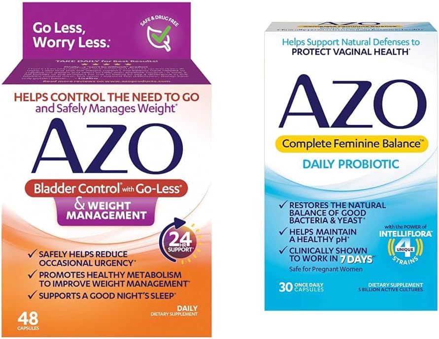AZO Bladder Control s Go-Less® & Weight Management Dietary Supplement & Complete Feminine Balance Daily Probiotiká pre ženy, klinicky preukázané, že pomáhajú chrániť