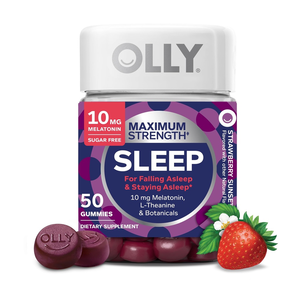 OLLY Max Strength Sleep Gummy, 10mg Melatonin, L- Theanine, harmanček, citrónový balzam, bez cukru, Vegetariánska sleep aid, Strawberry - 50 gróf
